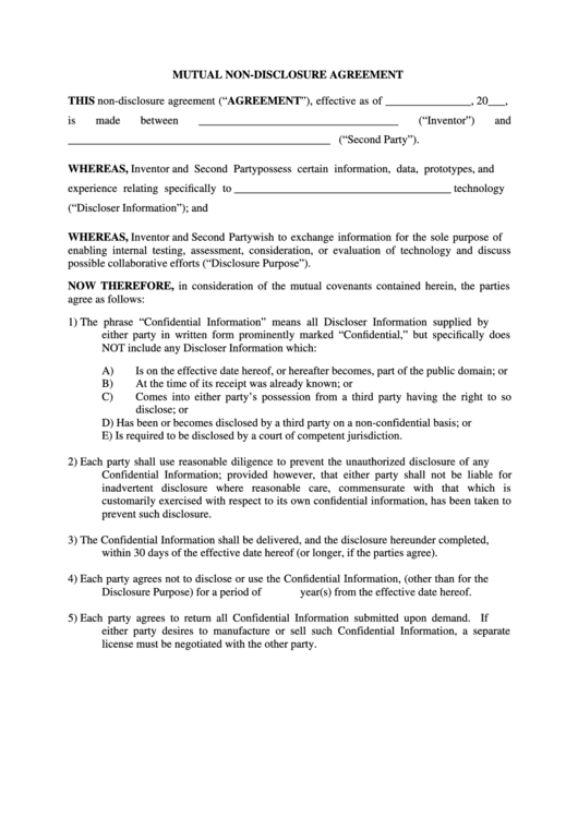 Fillable Mutual Non-Disclosure Agreement Template Printable pdf