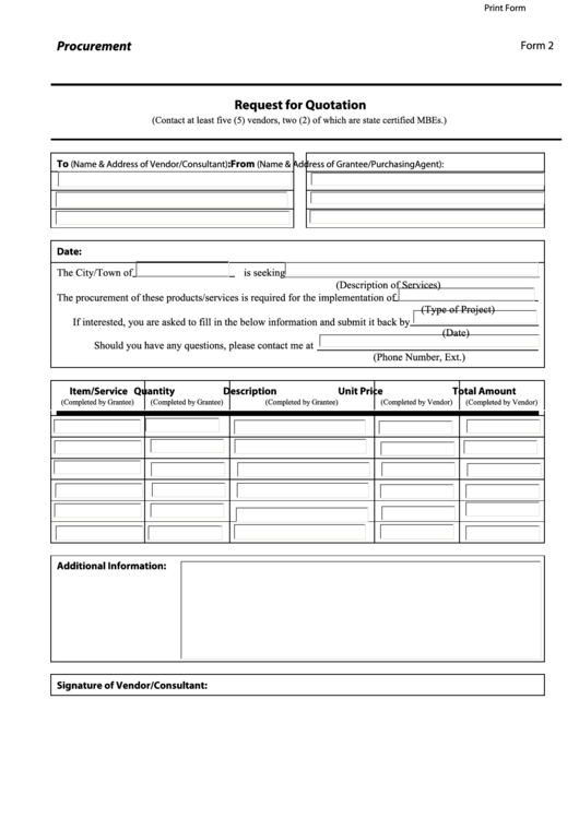 Fillable Form 2 - Procurement - Request For Quotation Printable pdf