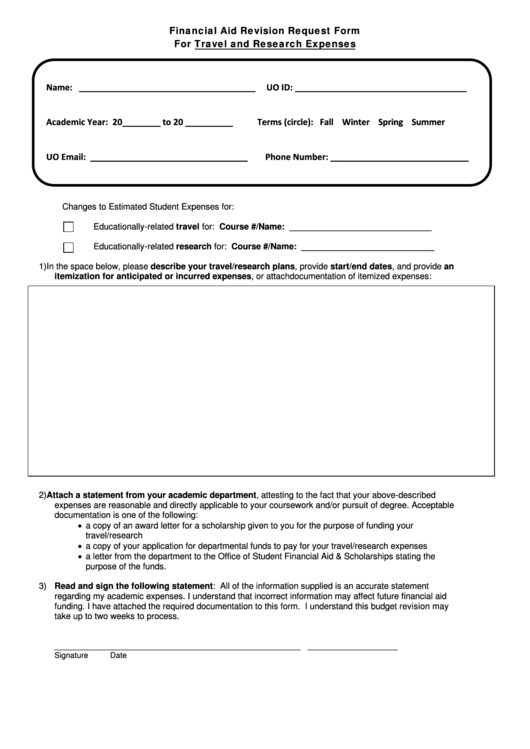 Fillable Financial Aid Revision Request Form For Travel And Research Expenses Printable pdf
