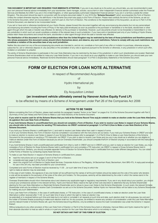 Form Of Election For Loan Note Alternative Printable pdf