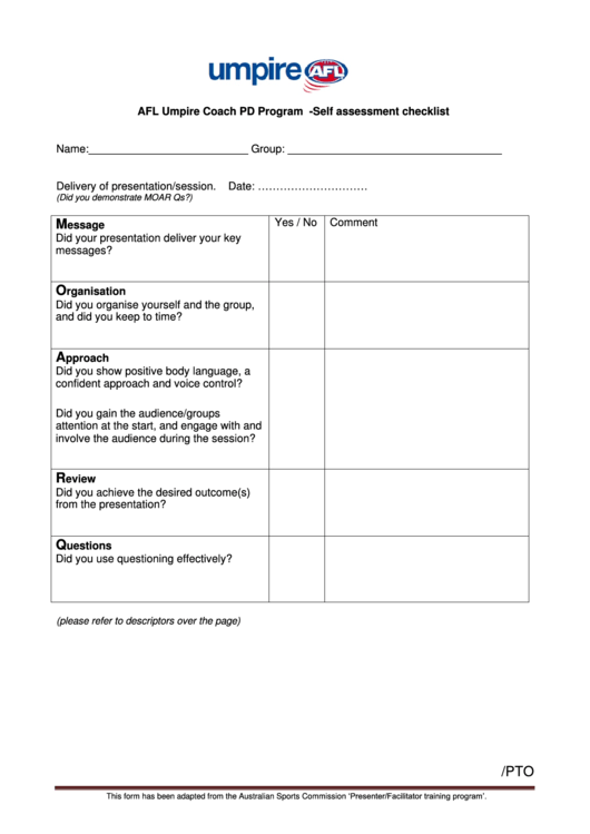 Self Assessment Checklist - Umpire Afl Printable pdf