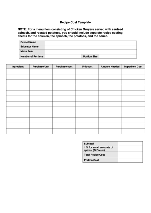 Recipe Cost Template - Chicken Gruyere Printable pdf