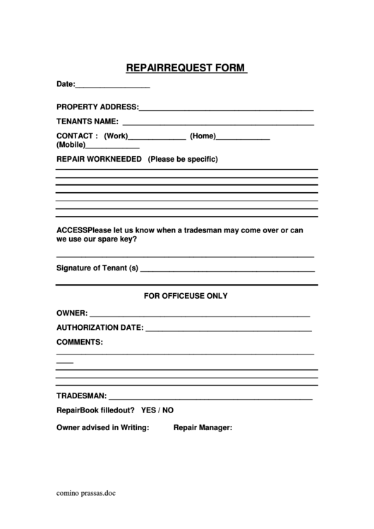 Repair Request Form Printable pdf