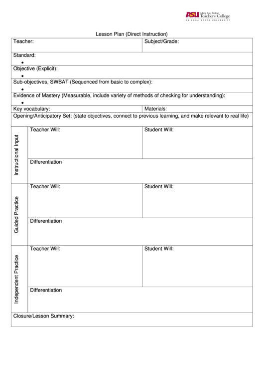 Lesson Plan Template Direct Instruction