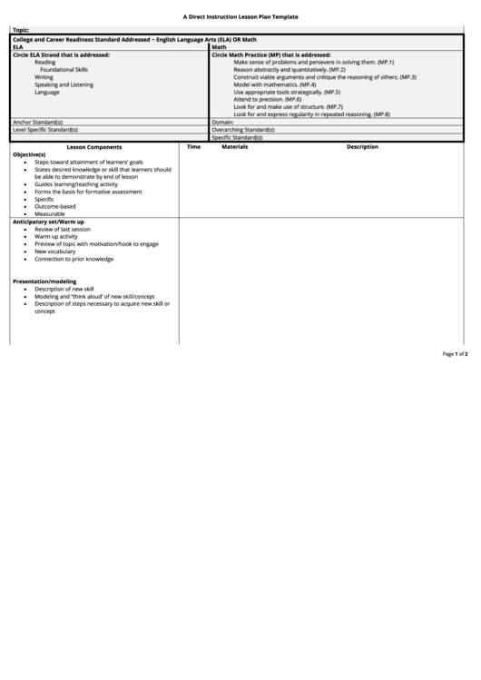 A Direct Instruction Lesson Plan Template