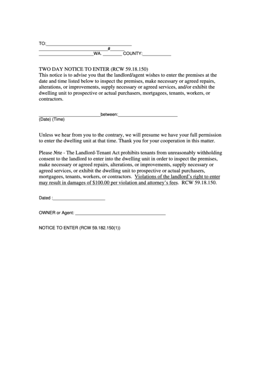 Two Day Notice To Enter Dwelling Form Printable pdf