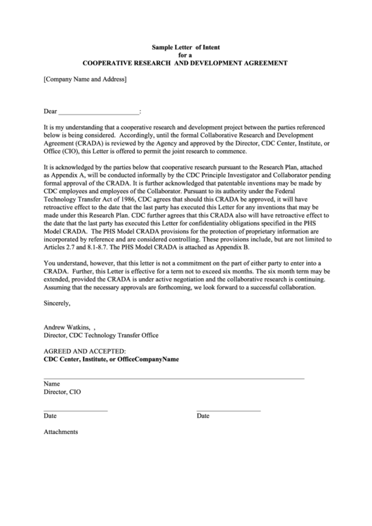 Sample Letter Of Intent For A Cooperative Research And Development Agreement Printable pdf