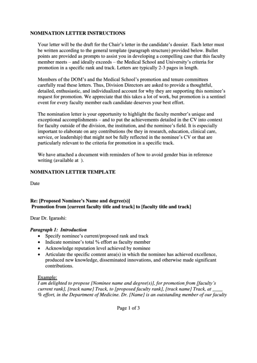 Department Of Medicine Nomination Letter Template Printable pdf