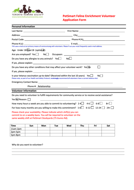 Petsmart Feline Enrichment Volunteer Application Form Printable pdf