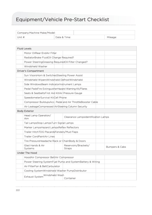 Equipment/vehicle Pre-start Checklist