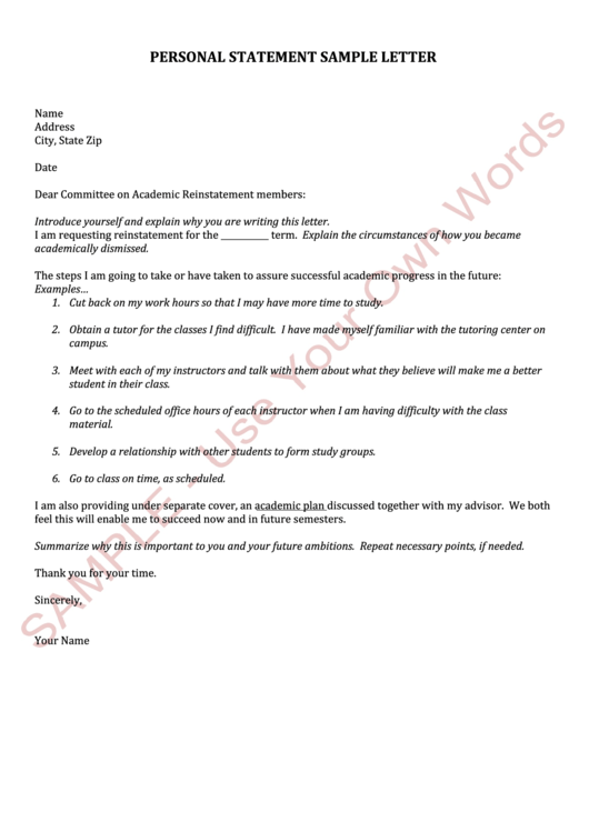 Personal Statement Sample Letter Printable pdf