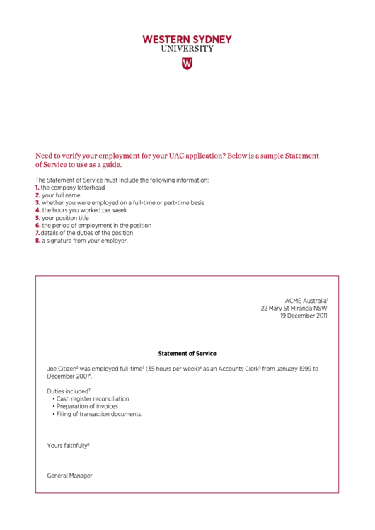 Statement Of Service - Western Sydney University Printable pdf