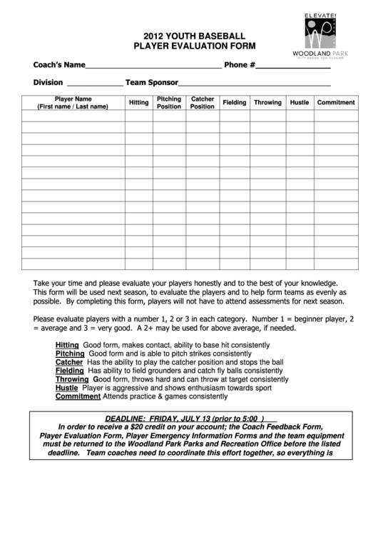 Player Evaluation Form Printable pdf