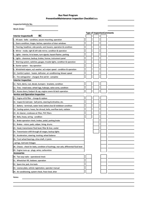 Bus Fleet Program Preventive Maintenance Inspection Checklist Printable pdf