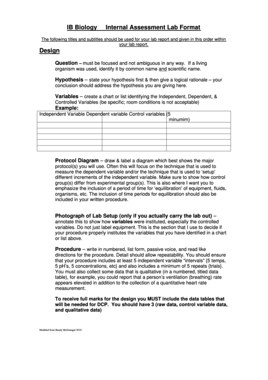 Ib Biology Internal Assessment Lab Format Printable pdf