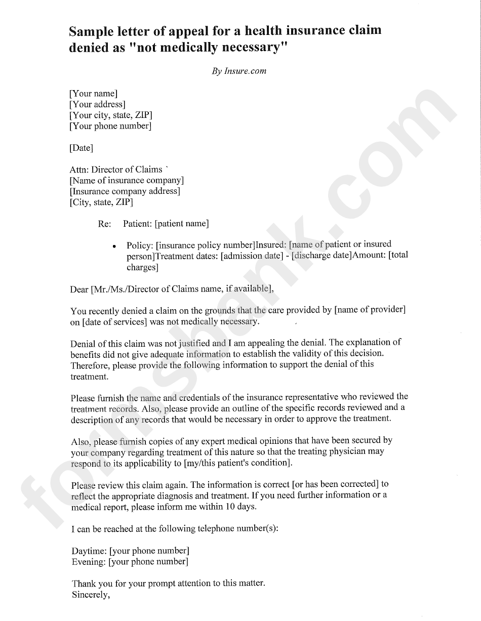 Sample Letter Of Appeal Template For A Denied Health Insurance Claim