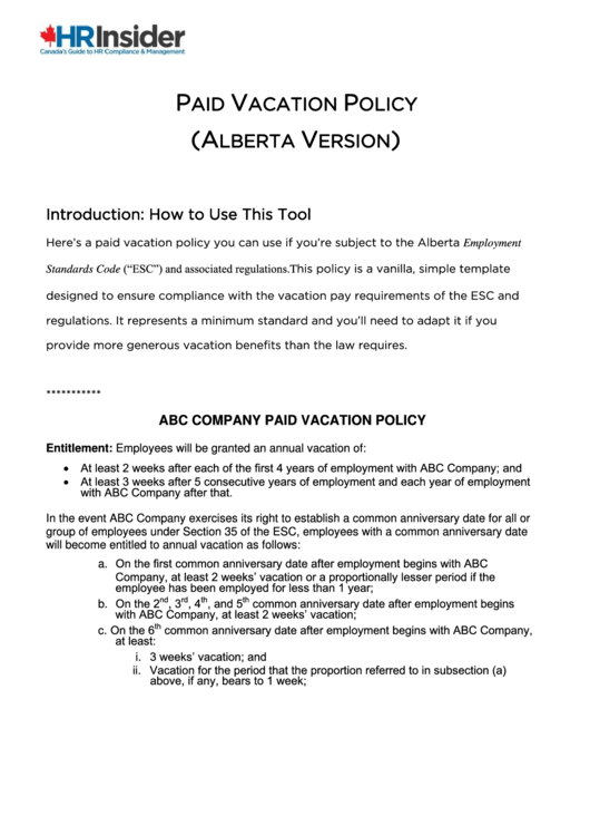 Paid Vacation Policy Sample Printable pdf