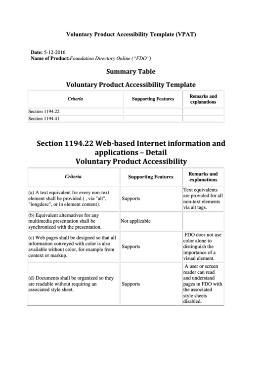 Voluntary Product Accessibility Template Printable pdf