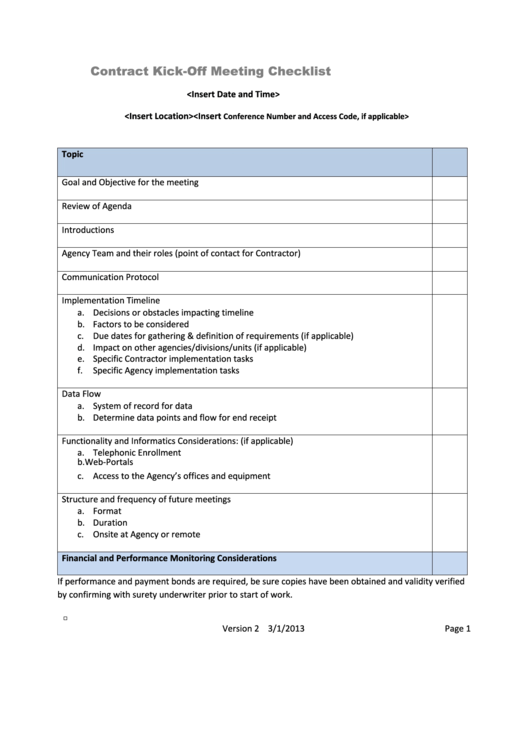 Contract Kick-Off Meeting Checklist Printable pdf