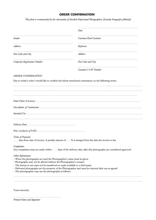 Sample Order Confirmation Letter Template Printable pdf