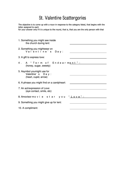 St. Valentine Scattergories Activity Sheet Printable pdf