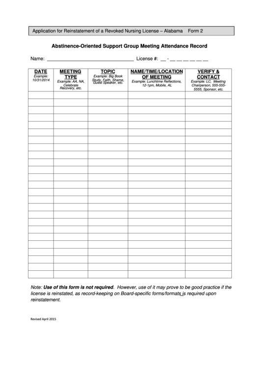 Abstinence-oriented Support Group Meeting Attendance Record Form