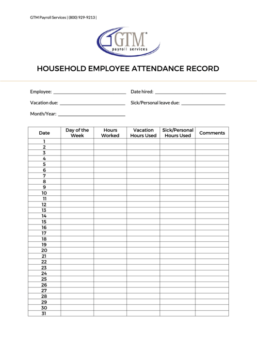 Household Employee Attendance Record Printable pdf