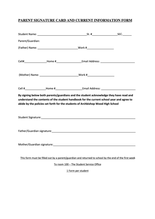 Parent Signature Card And Current Information Form - Printable pdf