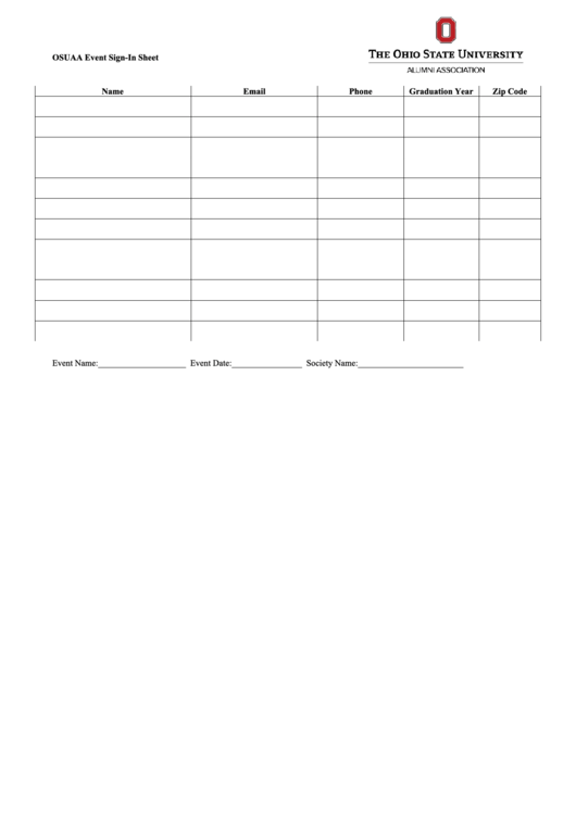 Ohio State University Event Sign-In Sheet Printable pdf