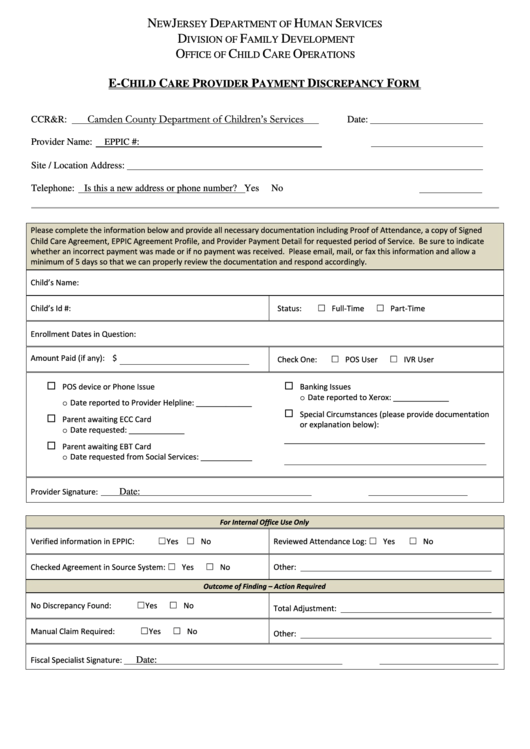 E-Child Care Provider Payment Discrepancy Form Printable pdf