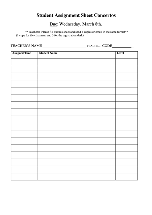 Concertos Student Assignment Sheet Template Printable pdf