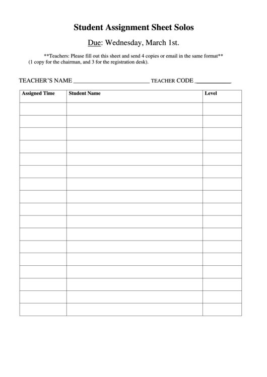 Solos Student Assignment Sheet Template Printable pdf