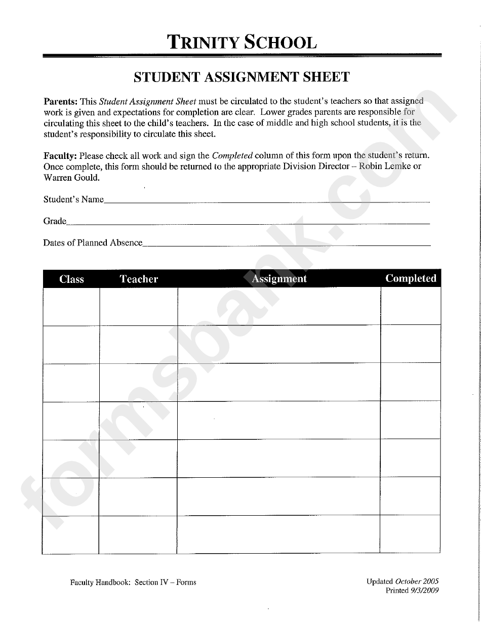 student assignment sheet