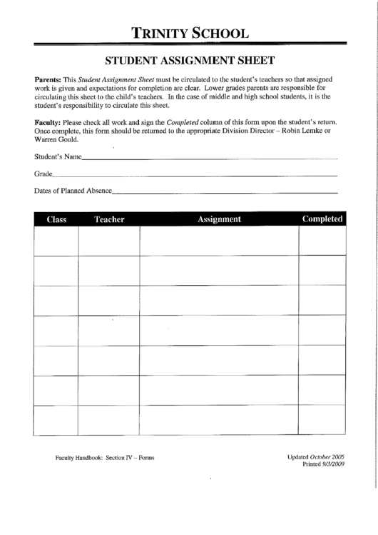 Student Assignment Sheet Printable pdf