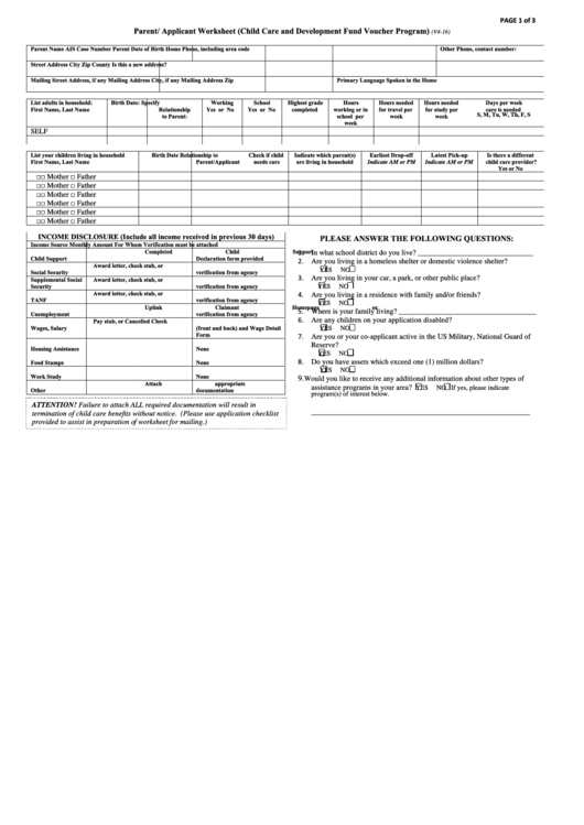 Parent/applicant Worksheet (Child Care And Development Fund Voucher Program) Printable pdf