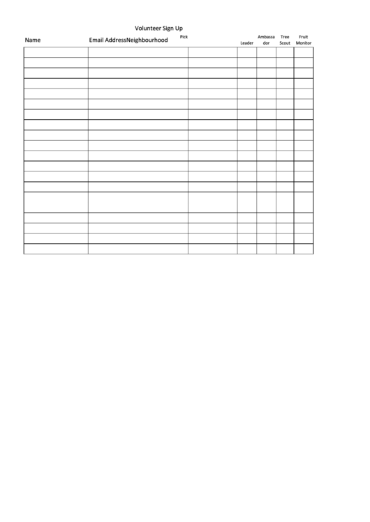Volunteer Sign Up Sheet Printable pdf