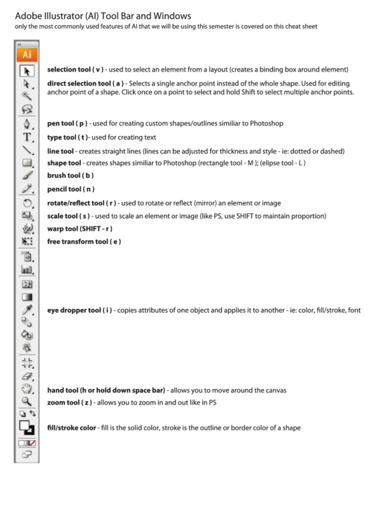 Adobe Illustrator (Ai) Tool Bar And Windows Cheat Sheet Printable pdf