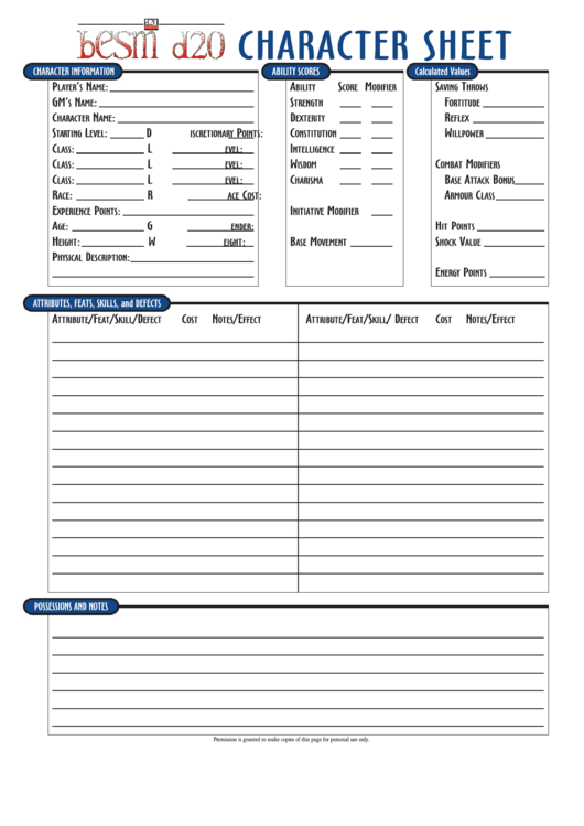 Besm Deluxe Character Sheet Printable pdf
