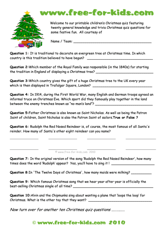 Christmas Trivia Activity Sheet Printable pdf