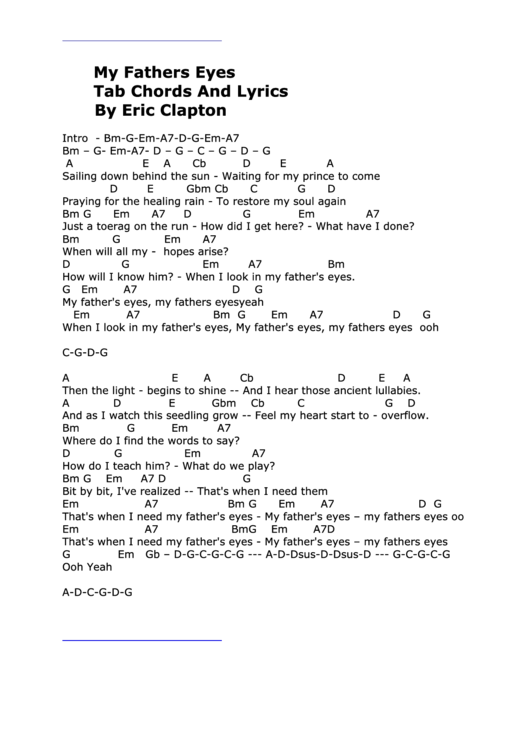 My Fathers Eyes - Tab Chords And Lyrics By Eric Clapton Printable pdf