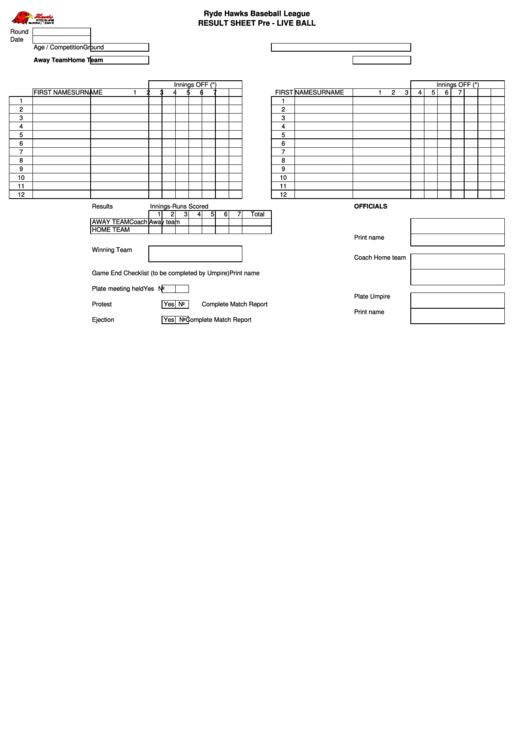 Ryde Hawks Baseball League Result Sheet Pre - Live Ball Printable pdf