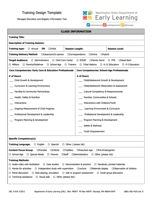 Fillable Del 5-018 Training Design Template - Department Of Early Learning Printable pdf