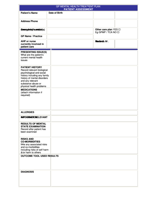 Mental Health Treatment Plan Patient Assessment Printable pdf