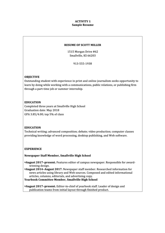 Sample Student Resume Template: Communications, Public Relations, Or Publishing Printable pdf