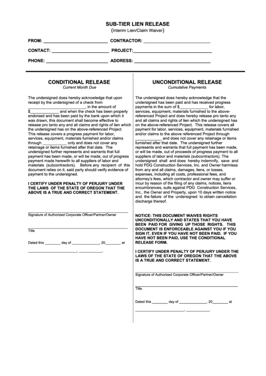 Sub-Tier Lien Release Form Printable pdf
