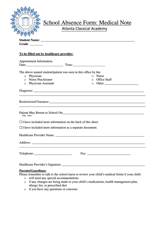 School Absence Form Printable pdf