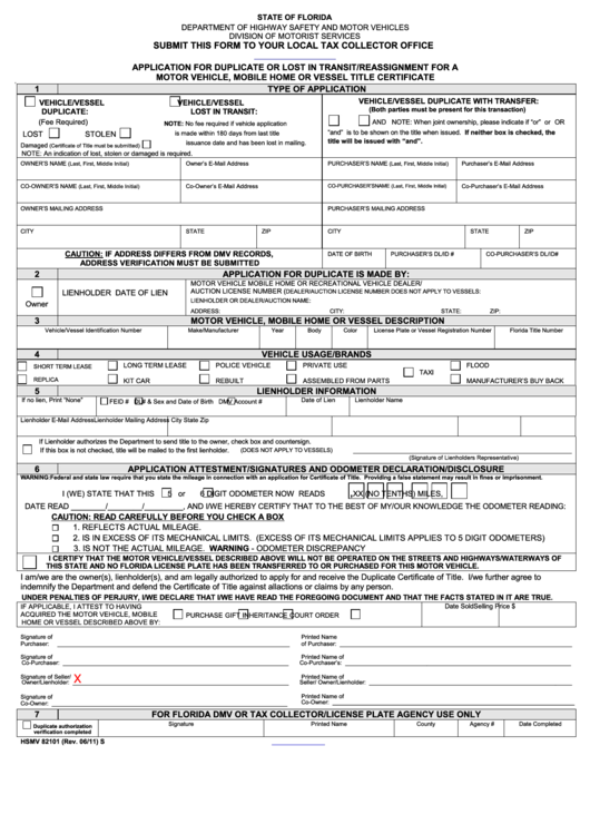 Fillable Form Hsmv 82101 - Application For Duplicate Or Lost In Transit/reassignment - 2011 Printable pdf