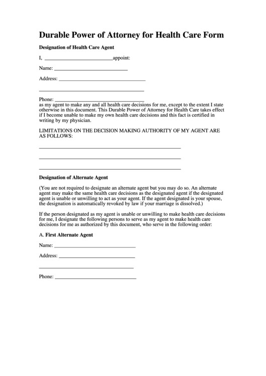 Durable Power Of Attorney For Health Care Form Printable Pdf Download