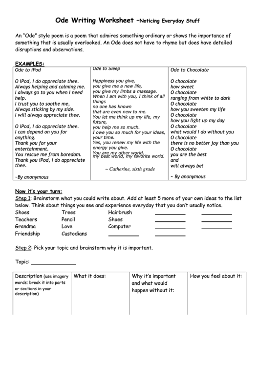 Ode Writing Worksheet Printable pdf