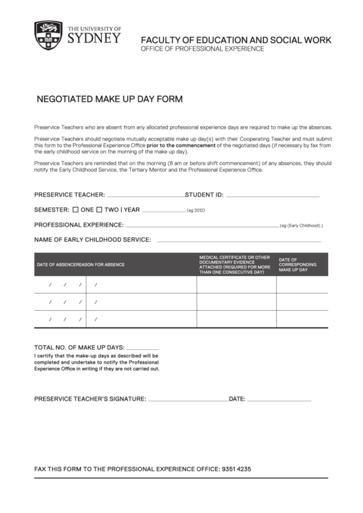 Fillable Negotiated Make Up Day Form Printable pdf